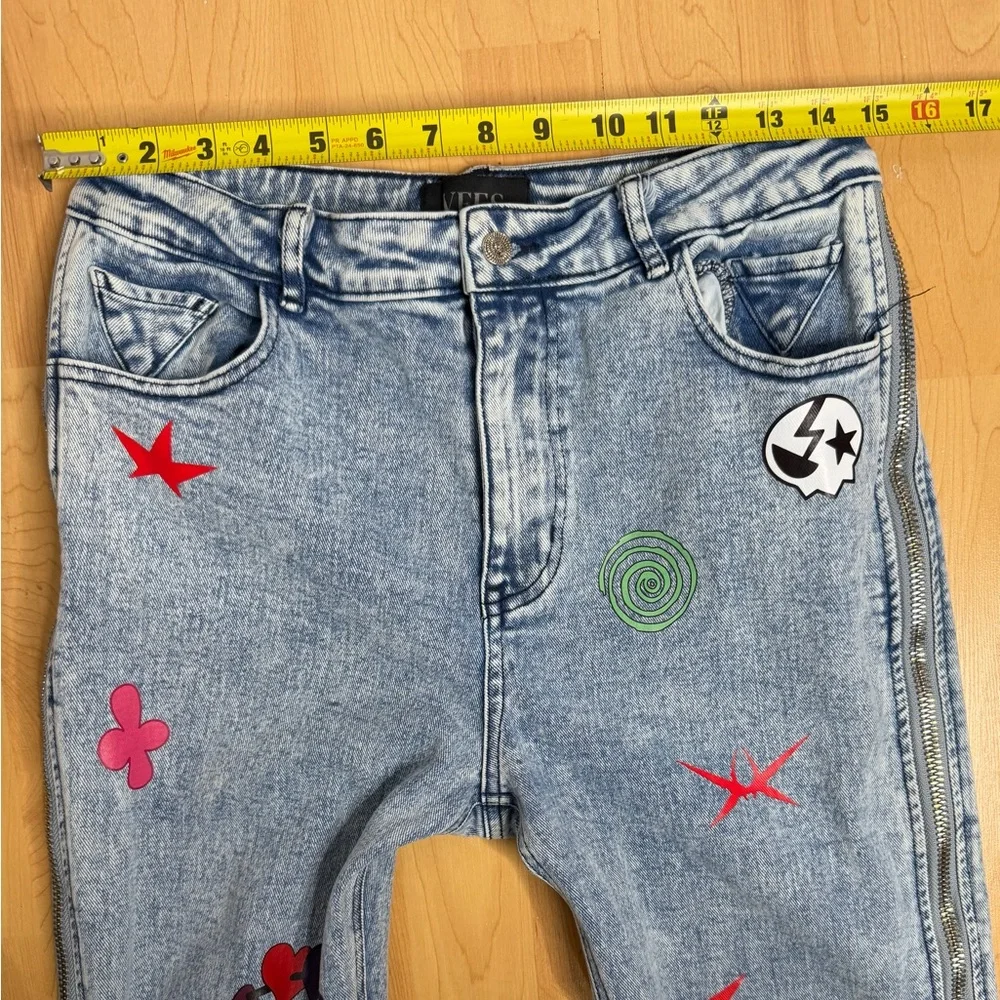 VEES Y2K Patchwork Flare Jeans Side Zipper Bell Bottom High Rise Festival - Picture 9 of 12